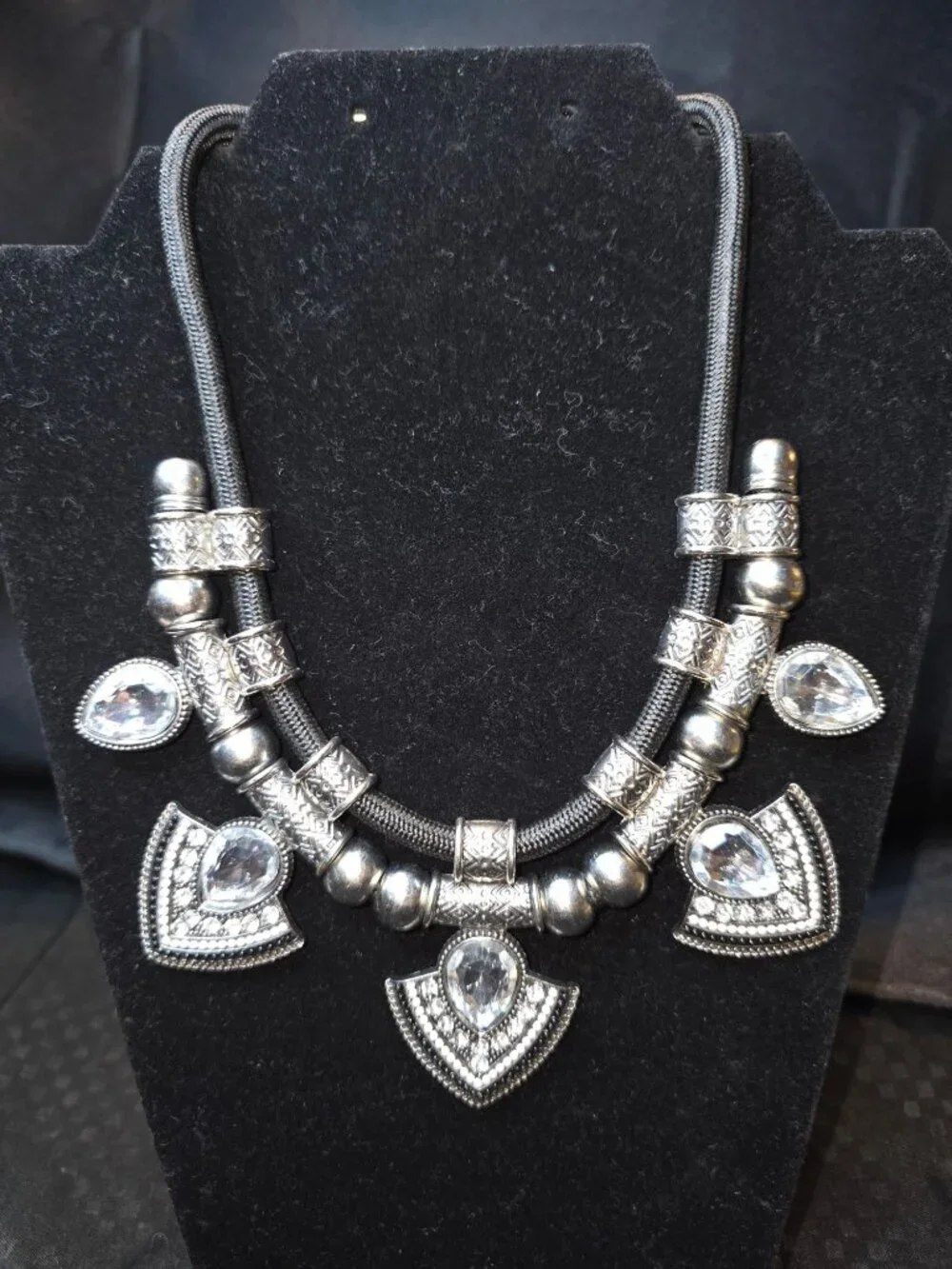 Silver-Tone Statement Necklace With Crystal Accents & Adjustable Chain Boho Trib